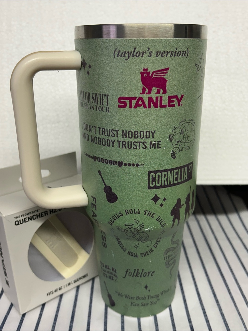 Stanley Green Taylor Swifts VersionTravel Tumbler with Cream Handle - Picture 6 of 13